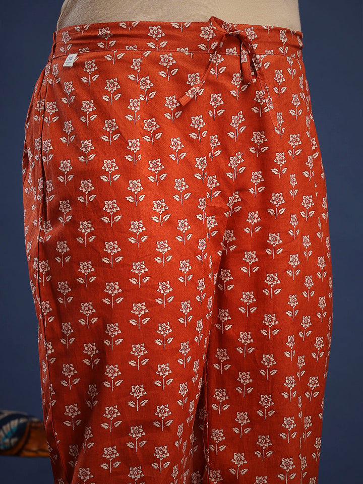 Rust Cotton Blend Printed A Line Suit Set