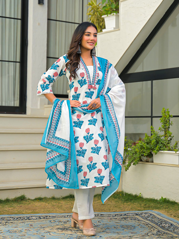 Blue Printed Cotton Blend Straight Suit Set With Dupatta