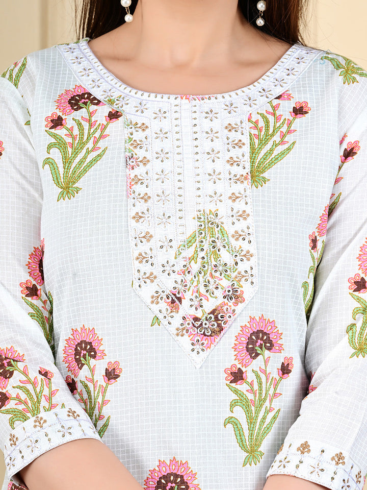 Printed Cotton Blend Kurta With Pants &amp; Dupatta