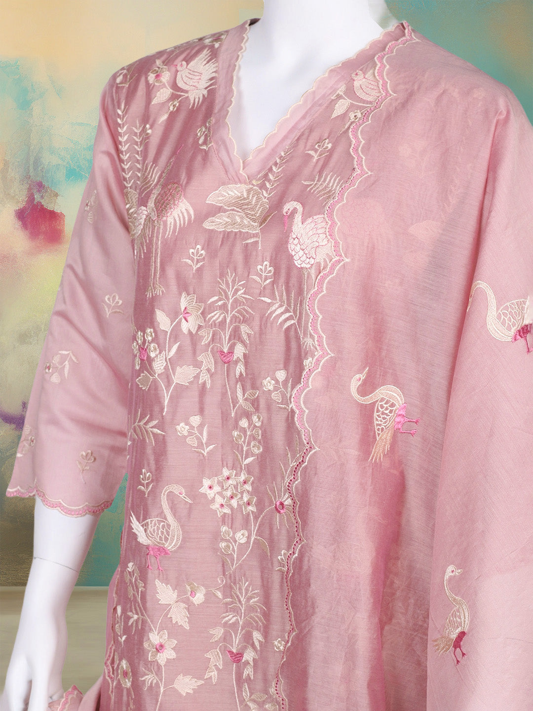 Embroidered Chanderi Kurta With Pant & Dupatta
