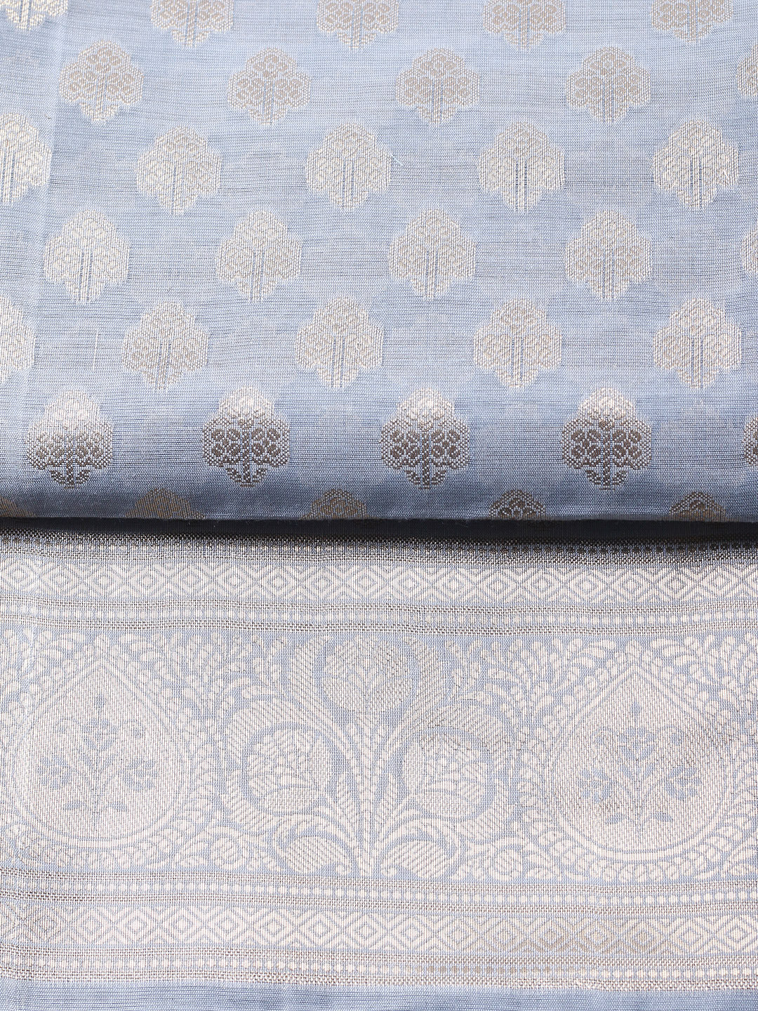 Grey Blue Woven Design Chanderi Unstitched Dress Material