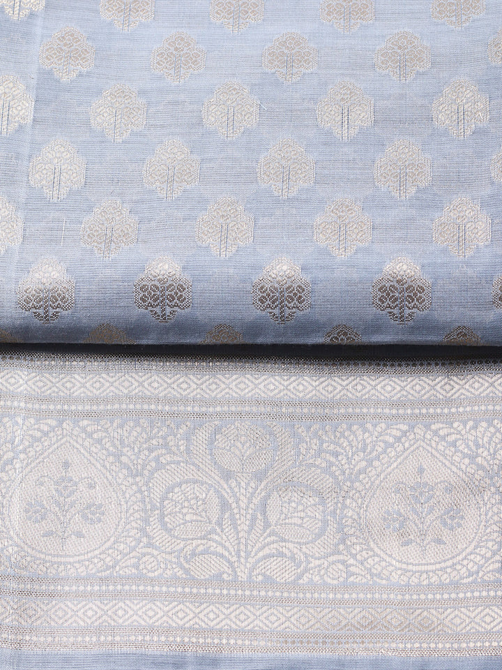 Grey Blue Woven Design Chanderi Unstitched Dress Material