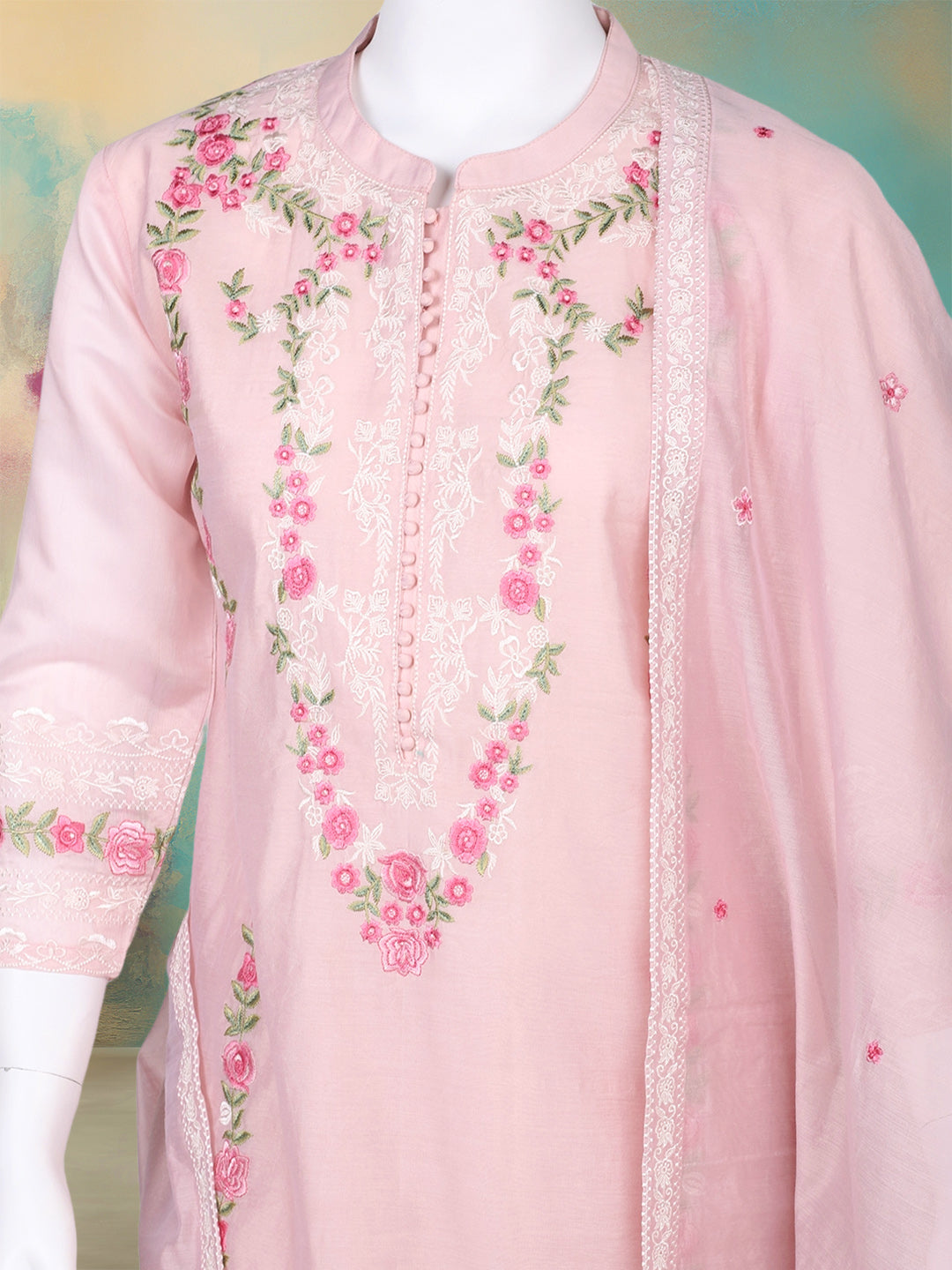 Embroidered Chanderi Kurta With Pant & Dupatta