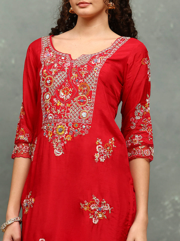 Resham Work Art Silk Kurta With Pants &amp; Dupatta