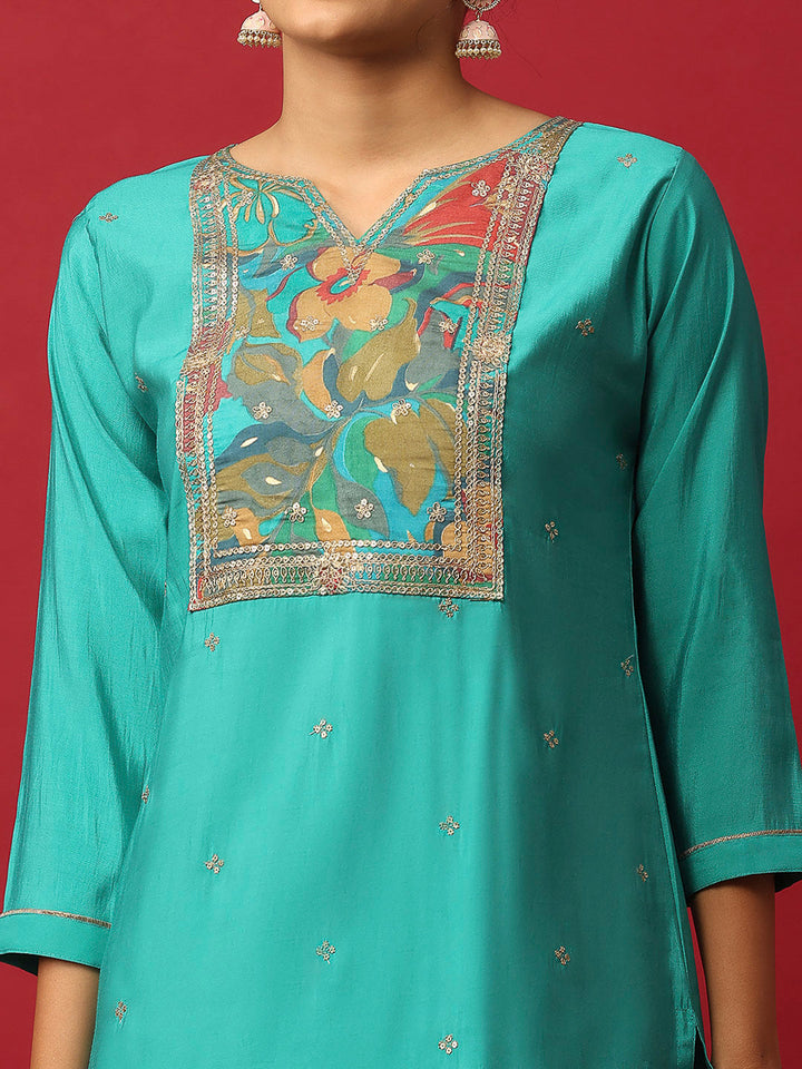 Printed Muslin Lake Blue Kurta With Pant &amp; Dupatta