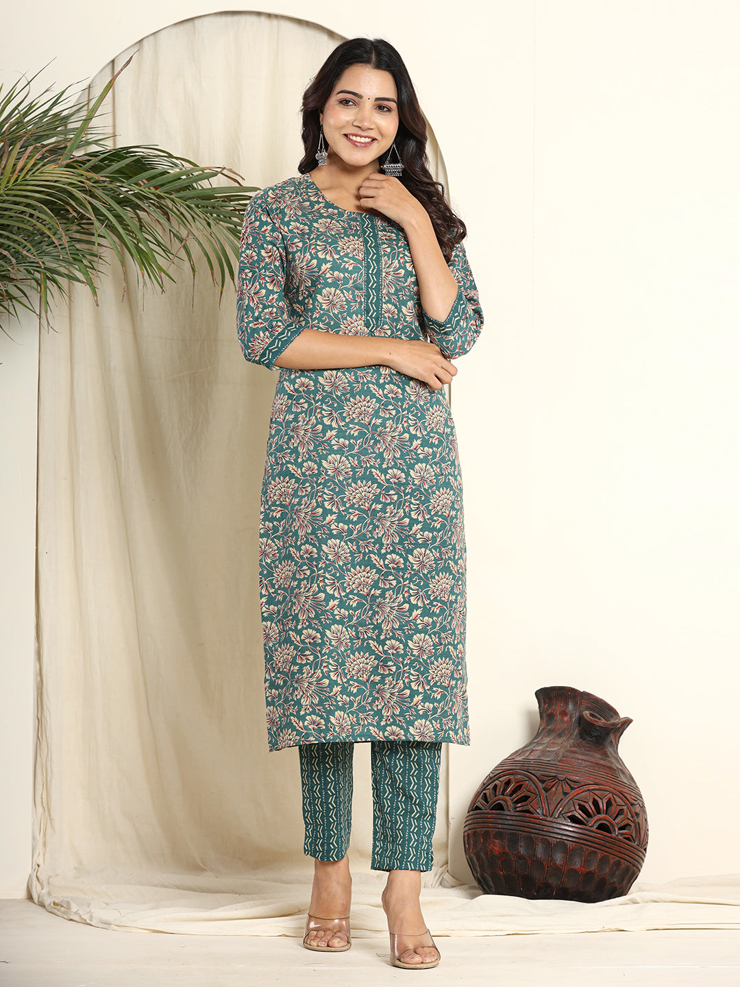 Printed Cotton Blend Kurta With Pants & Dupatta