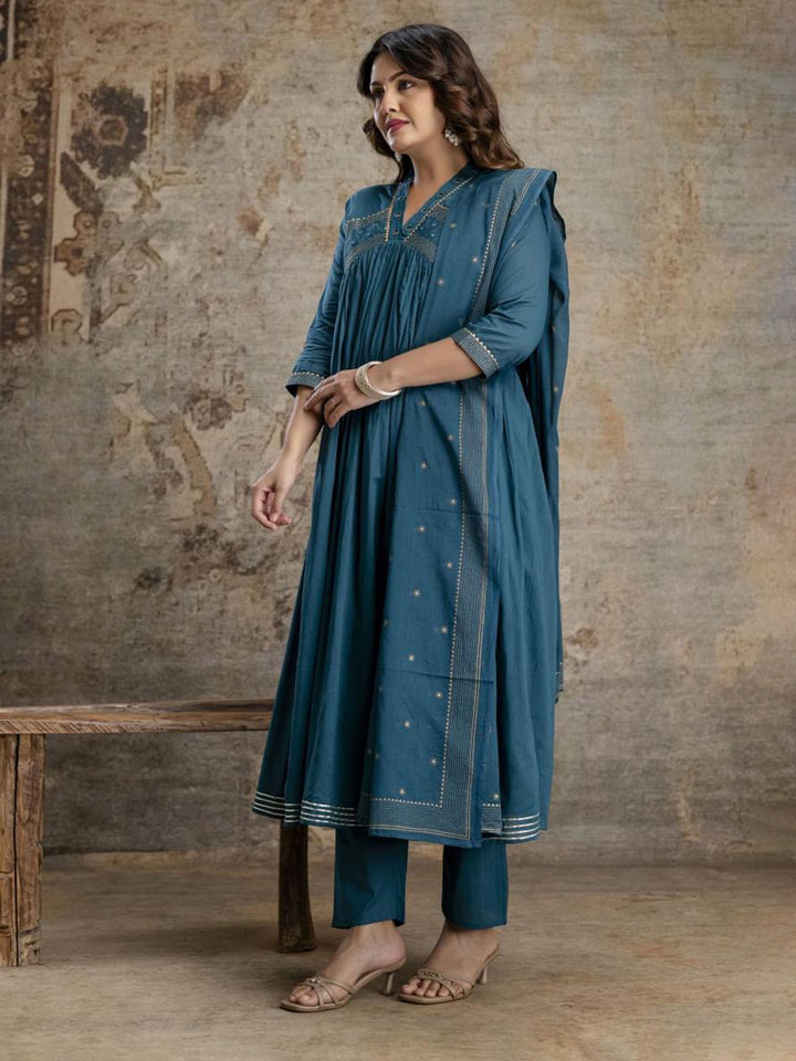 Blue Cotton Blend Embroidered Straight Suit Set