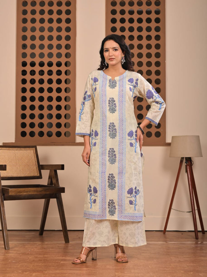 Cream Blue Cotton Blend Printed Straight Suit Set