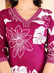 Floral Printed Cotton Blend Kurta With Pants & Dupatta