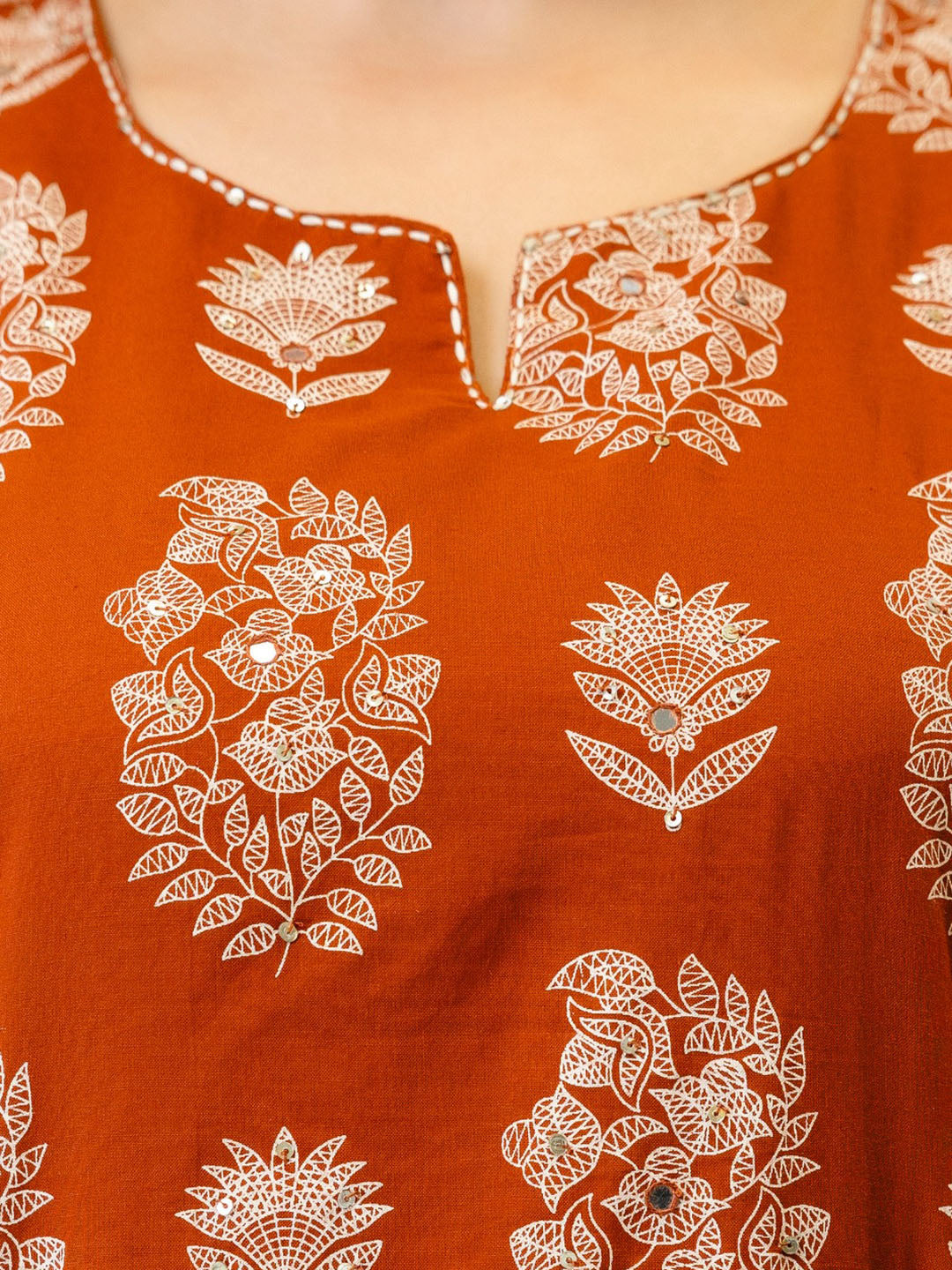 Rust Cotton Blend Printed Straight Suit Set