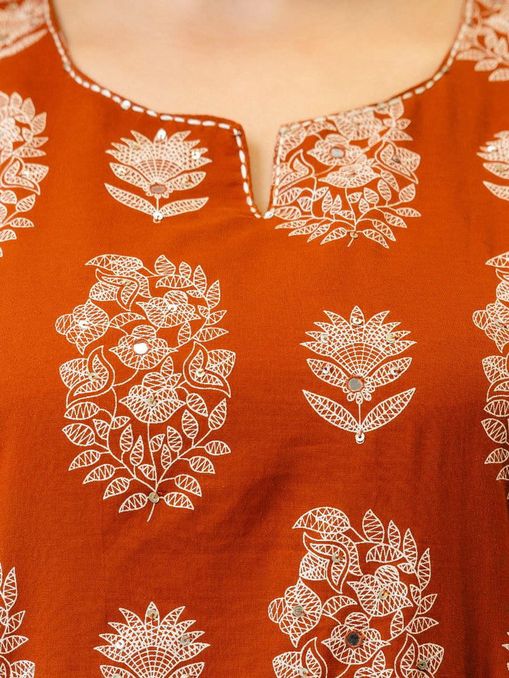 Rust Cotton Blend Printed Straight Suit Set