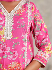 Floral Printed Cotton Blend Kurta With Pants & Dupatta