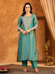 Neck Zari Embroidery Tissue Kurta With Pants & Dupatta