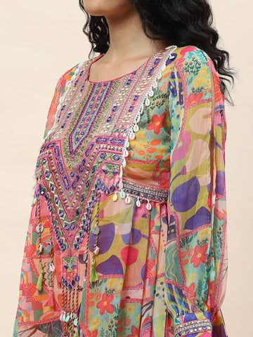 Neck Embroidered Chiffon Kurti With Dhoti Pant