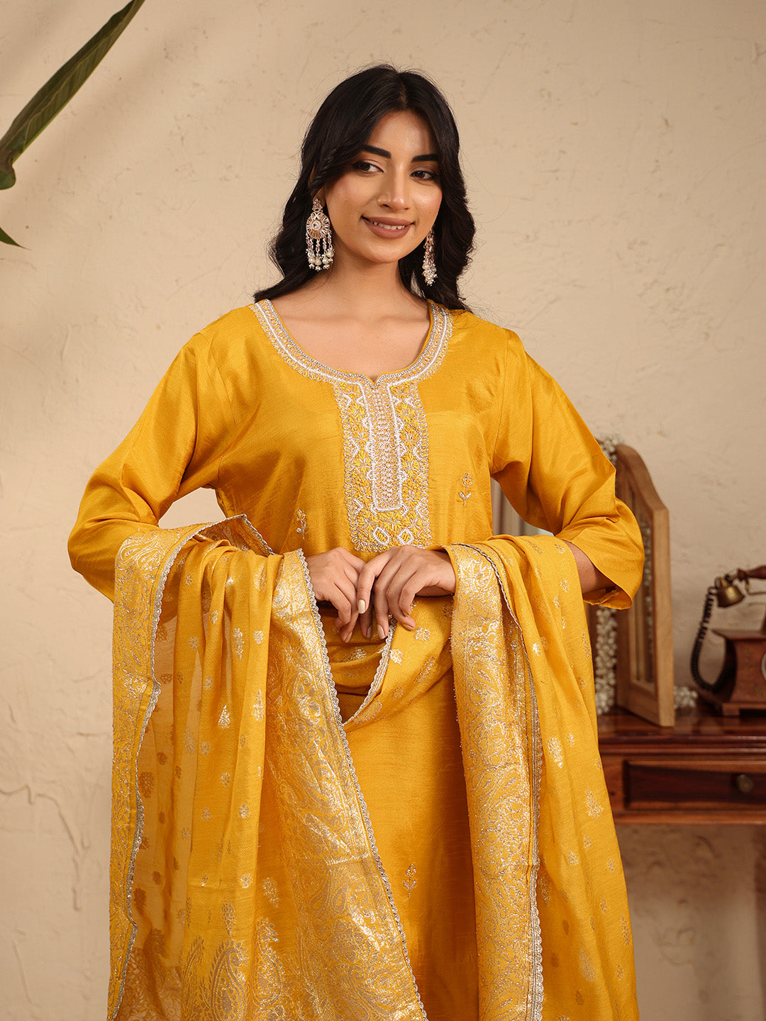 Embroidered Cotton Kurta With Pant &amp; Dupatta