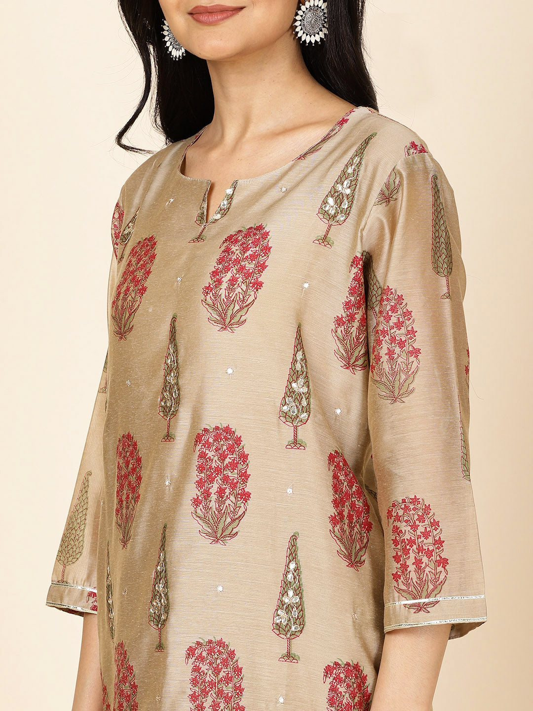 Floral Printed Chanderi Kurta With Pants & Dupatta