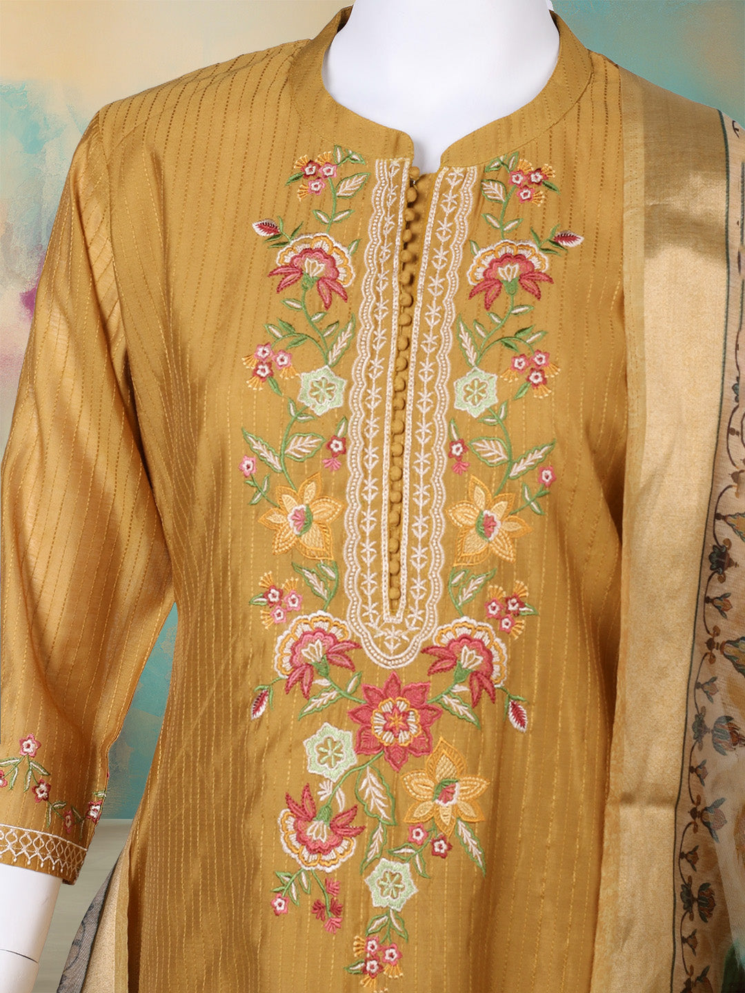 Embroidered Chanderi Kurta With Pant & Dupatta