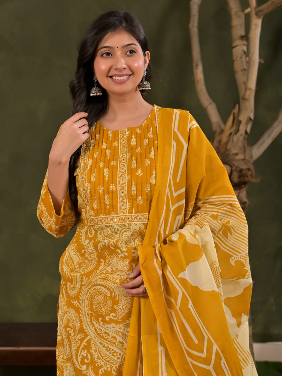 Yellow Embroidered Cotton Blend Straight Suit Set With Dupatta
