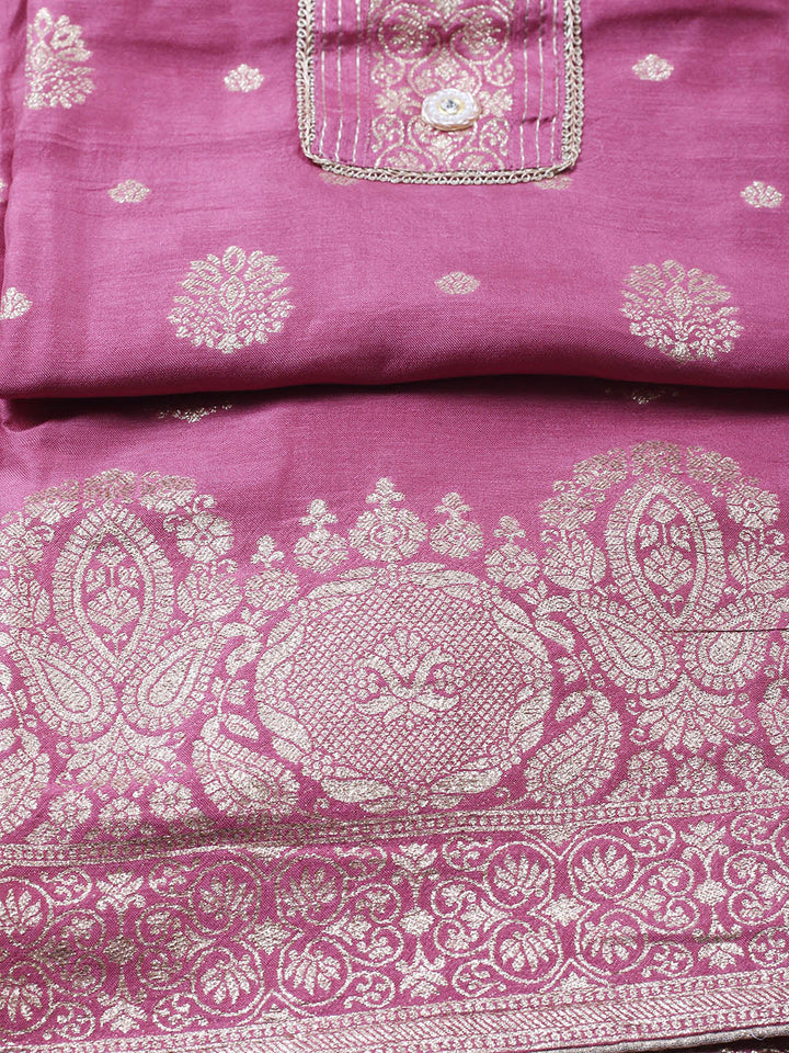 Embroidered Chanderi Unstitched Suit With Pant &amp; Dupatta