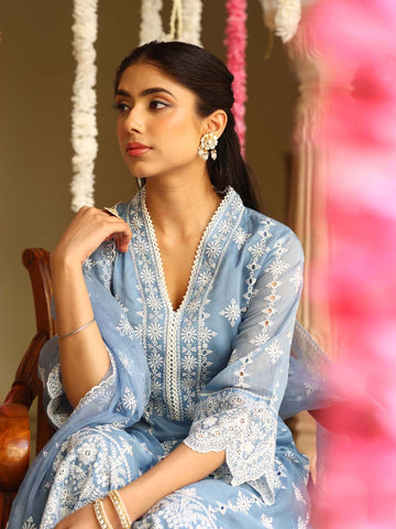 Embroidered Organza Kurta With Pants & Dupatta