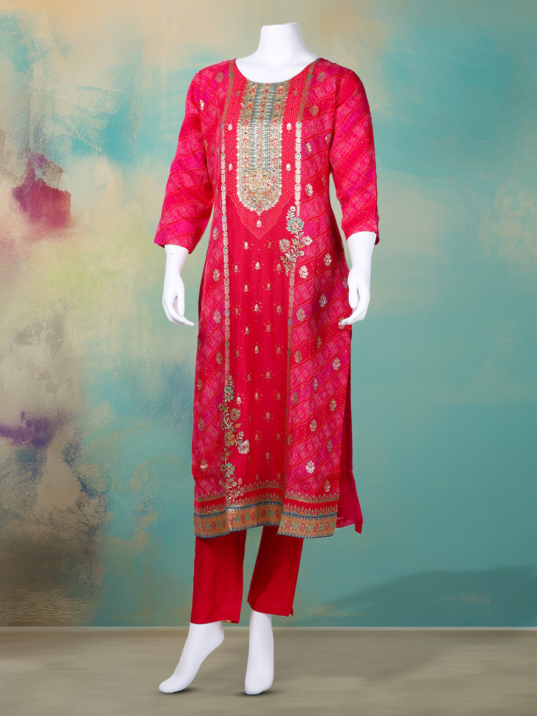 Bandhani Printed Organza Kurta With Pants & Dupatta