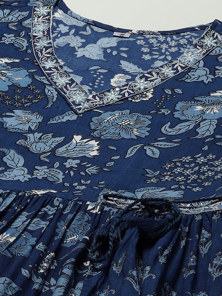 Floral Printed Cotton Kurta With Pants &amp; Dupatta