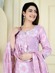 Neck Embroidered Cotton Blend Kurta With Pants & Dupatta