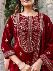 Neck Embroidered Velvet Kurta With Pants & Dupatta