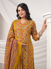 Printed Cotton Blend Kurta With Pants & Dupatta