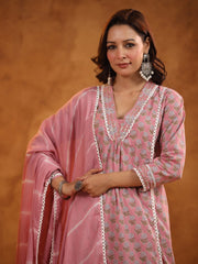 Printed Cotton Blend Kurta With Pants & Dupatta