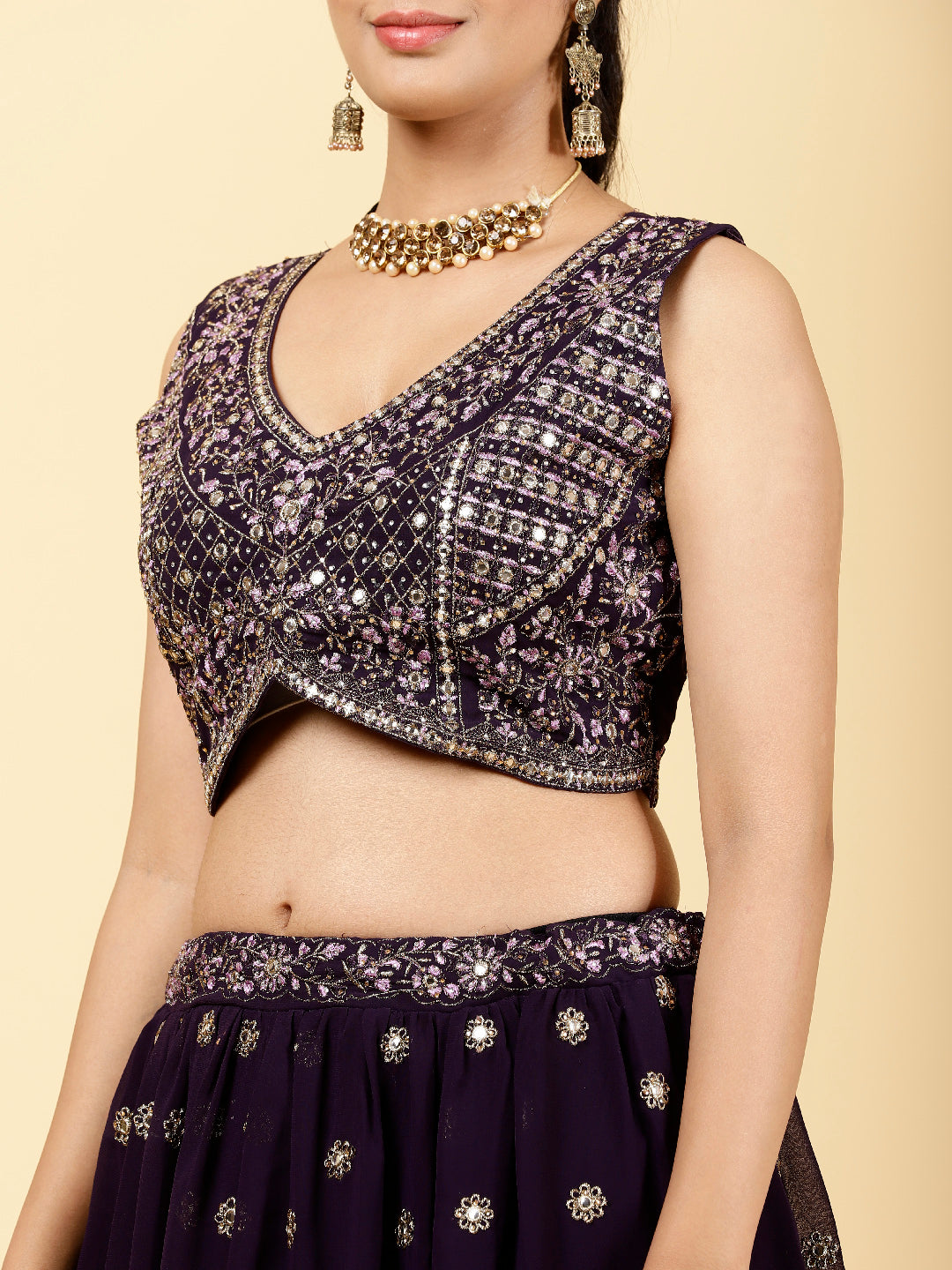 Zari Embroidered Georgette Choli With Lehenga & Dupatta