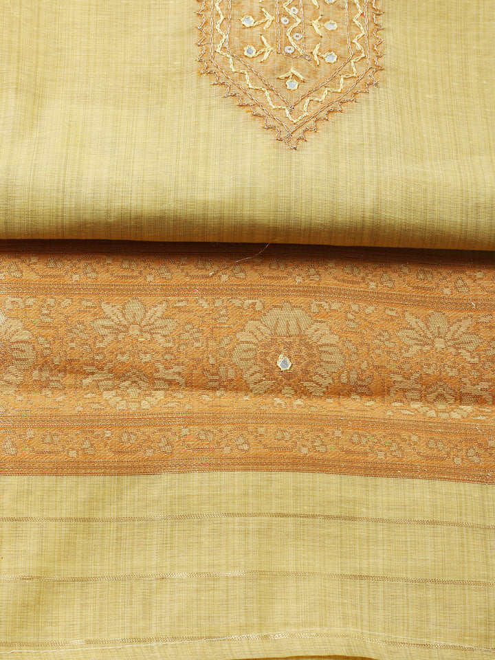 Embroidered Chanderi Unstitched Suit With Pant &amp; Dupatta