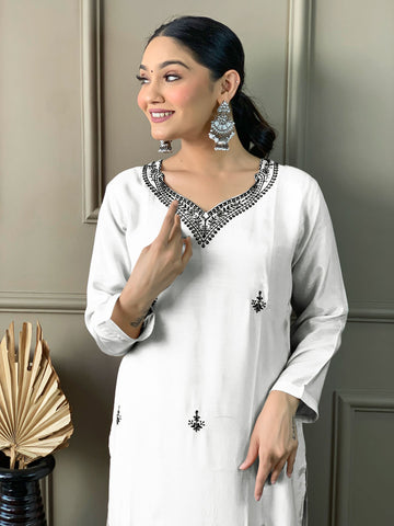 Neck Embroidered Cotton Blend Kurta With Pants & Dupatta