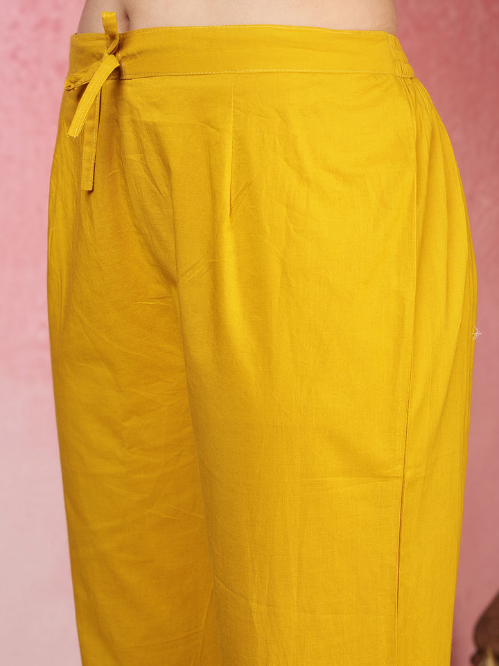 Mustard Cotton Blend Printed Straight Suit Set