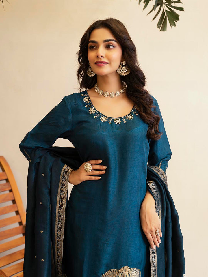 Woven Design Silk Kurta With Pant &amp; Dupatta