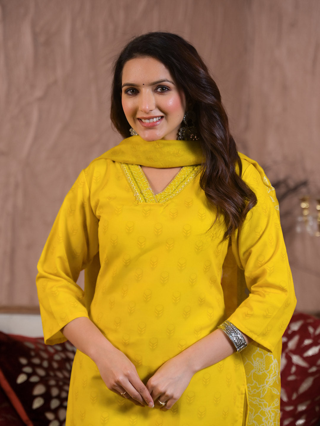 Neck Embroidery Cotton Blend Kurta With Pants &amp; Dupatta