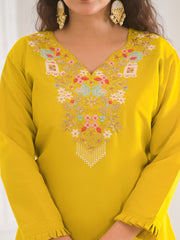 Neck Embroidery Cotton Blend Kurta With Pants & Dupatta