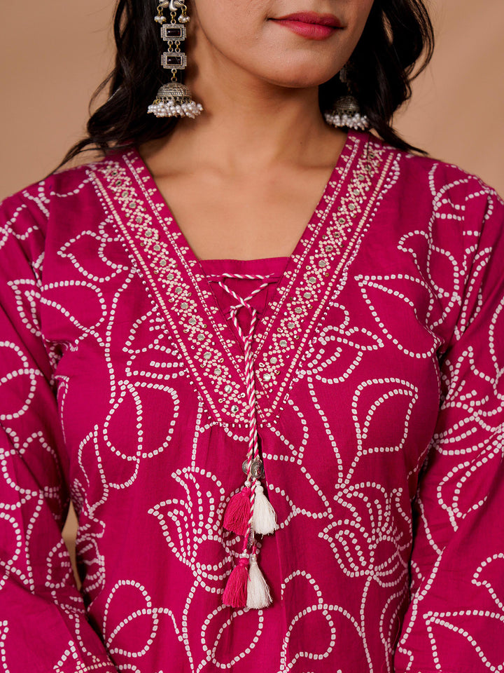 Pink Cotton Blend Printed Straight Suit Set