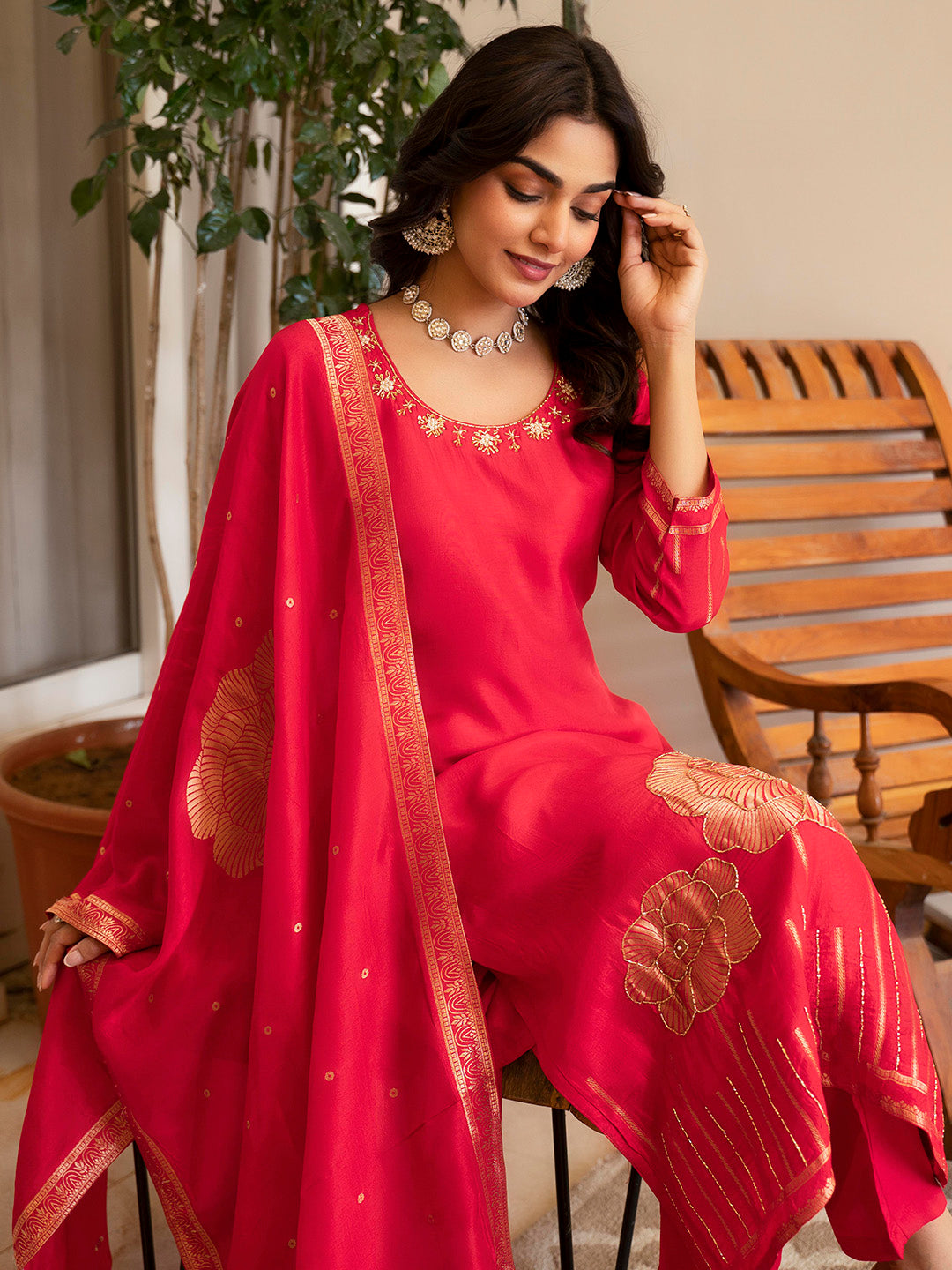 Woven Design Silk Kurta With Pant &amp; Dupatta