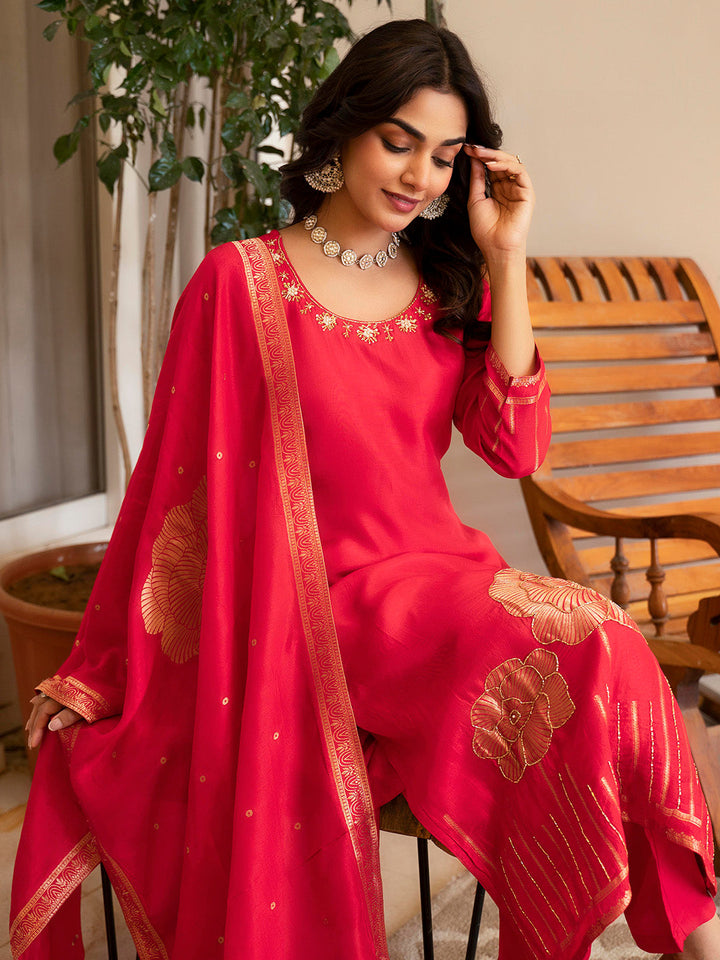 Woven Design Silk Kurta With Pant &amp; Dupatta