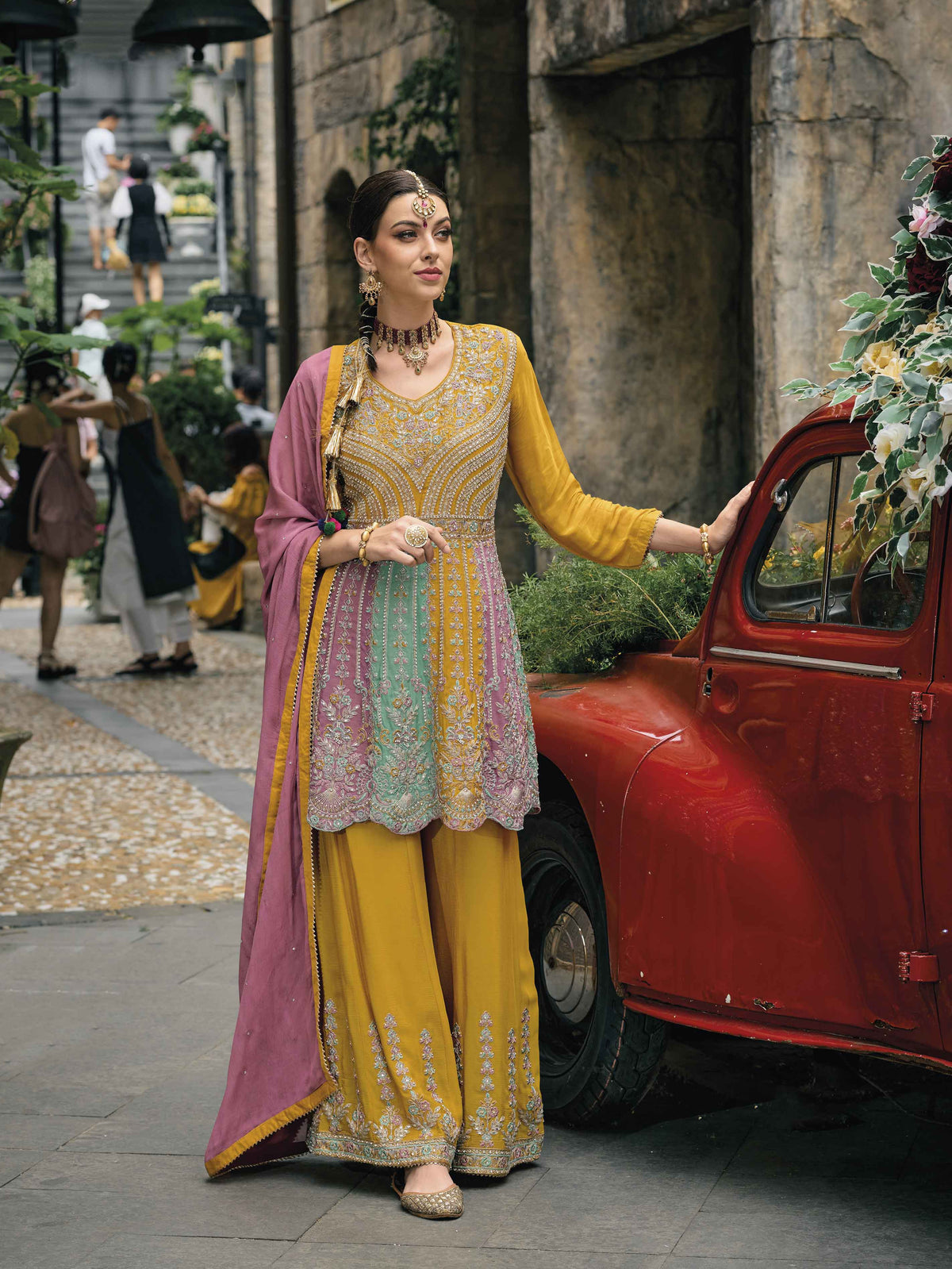 Embroidery Art Silk Suit Set With Dupatta & Sharara