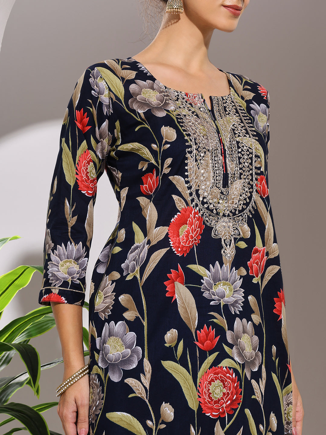 Neck Embroidered Cotton Blend Kurta With Pants