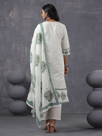 Digital Floral Printed Cotton Blend Kurta With Pants & Dupatta