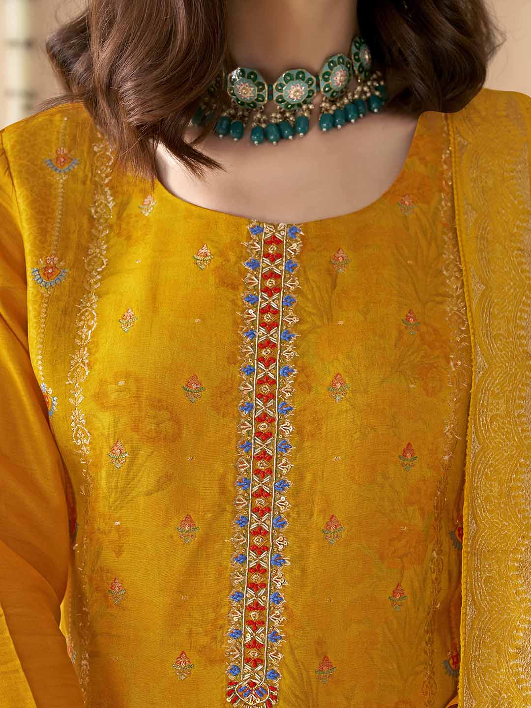 Embroidered Silk Kurta With Pant &amp; Dupatta