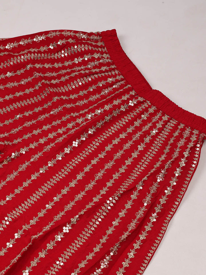 Embroidered Chinon Red Unstitched Suit With Pant &amp; Dupatta
