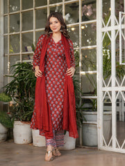 Neck Embroidery Cotton Blend Kurta With Pants & Dupatta