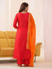 Neck Embroidered Art Silk Kurta With Pants & Dupatta