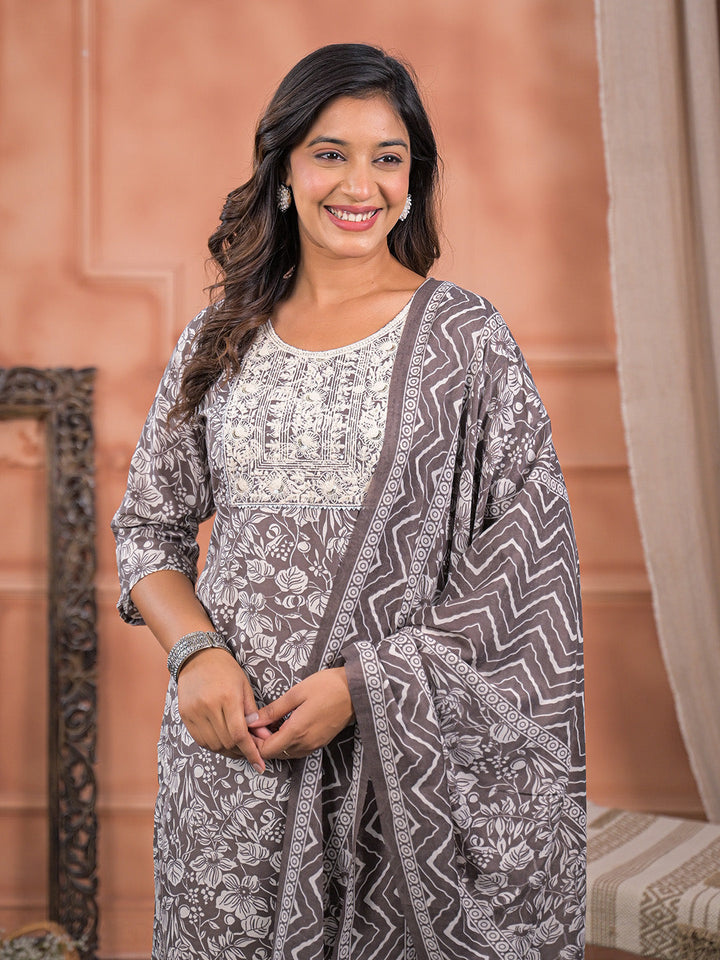 Printed Cotton Kurta With Pant &amp; Dupatta