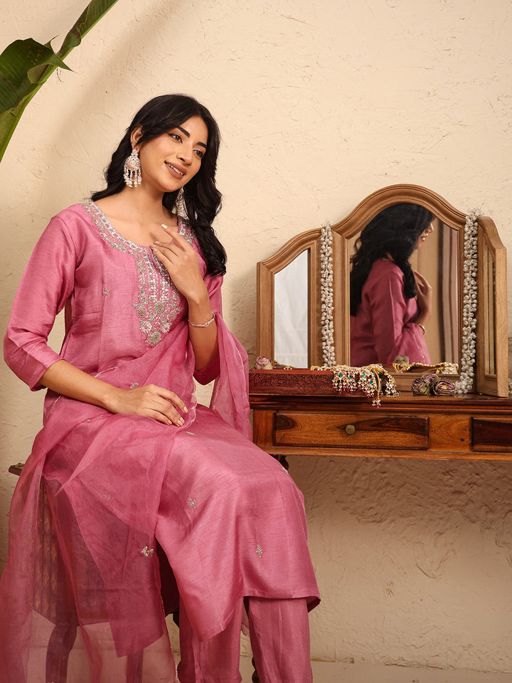 Embroidered Cotton Kurta With Pant &amp; Dupatta