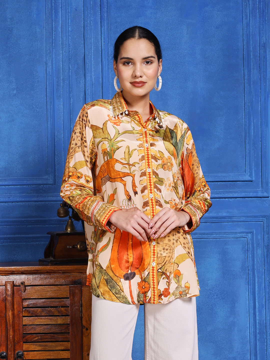 Beige Multicolor Crepe Printed Band Collar Kurti
